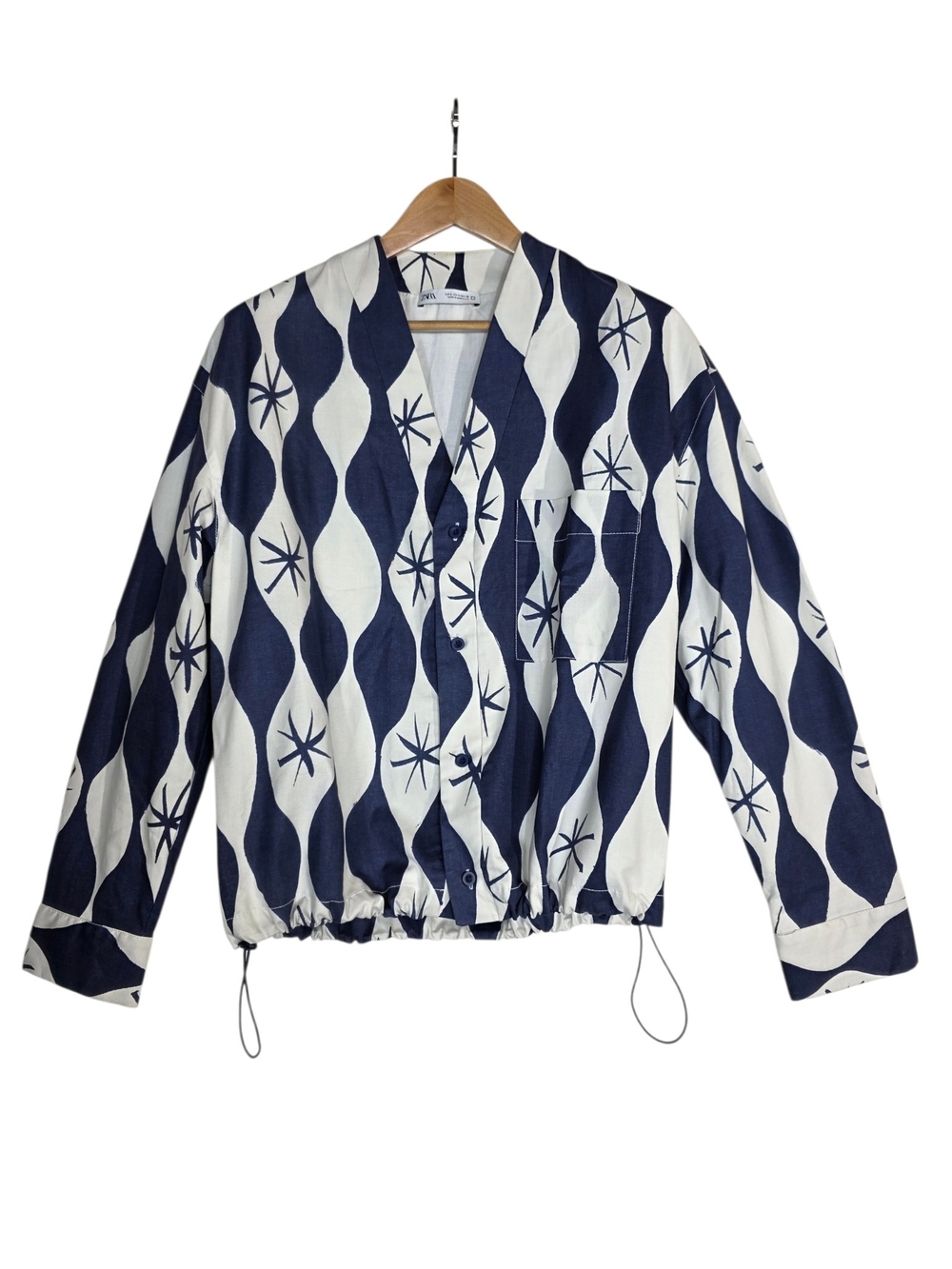 Zara Navy and White Wave-Star Drawstring Bomber Jacket